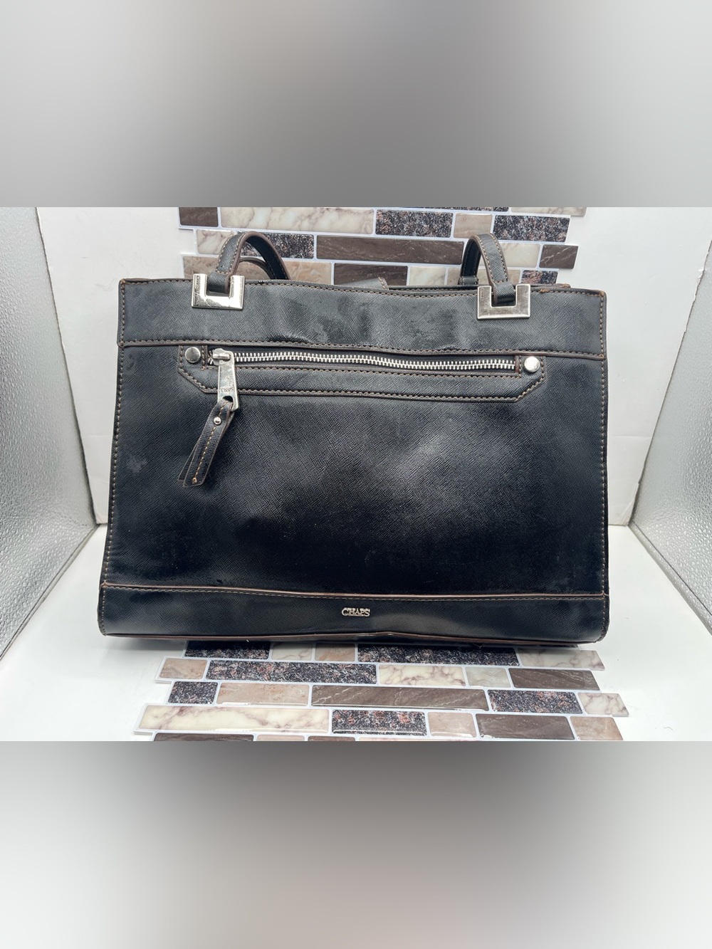 Chaps Black Leather Shoulder bag with Silver Hardware